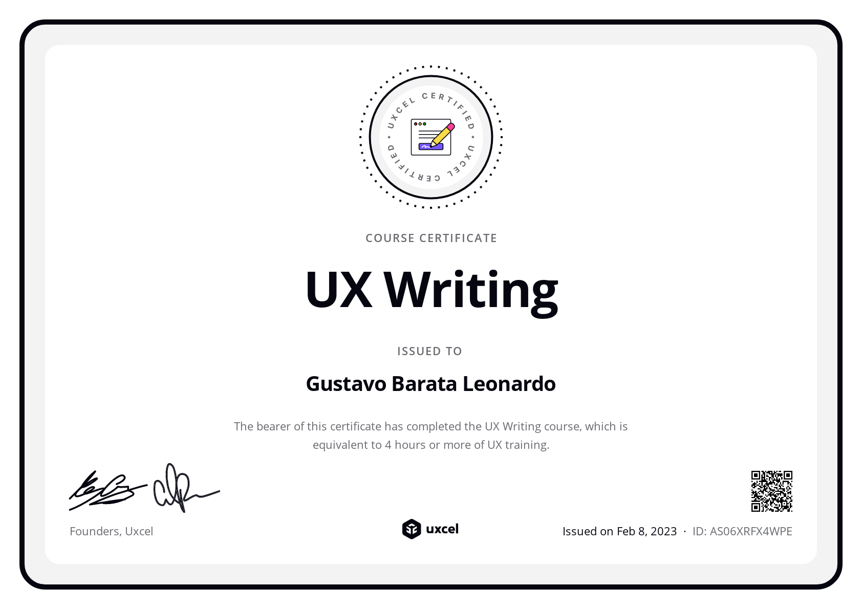 Gustavo Barata Leonardo's certificate